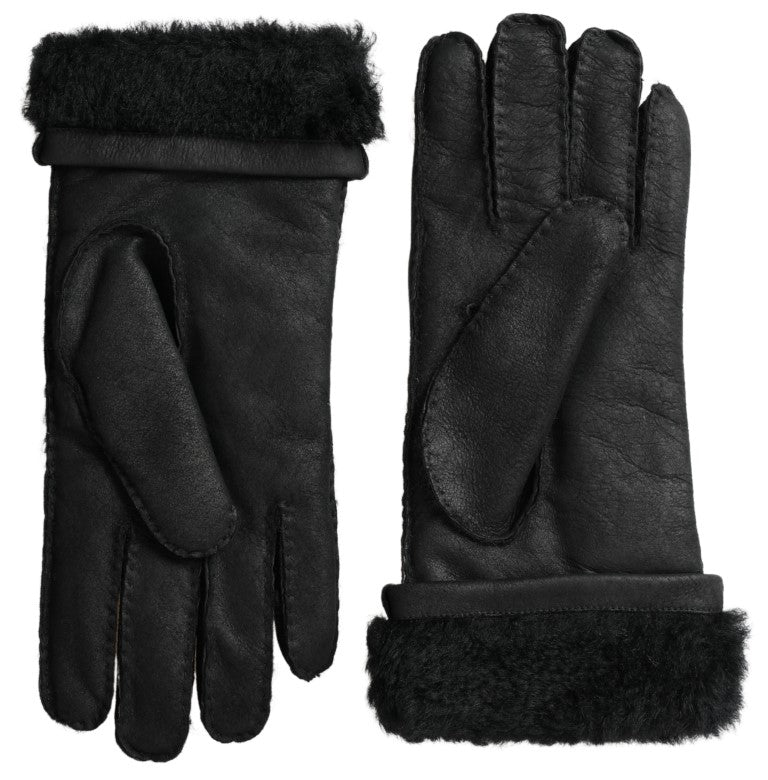Dolce & Gabbana Schwarzes Leder Fell Kurze Hände Fäustlinge Männer Handschuhe-3