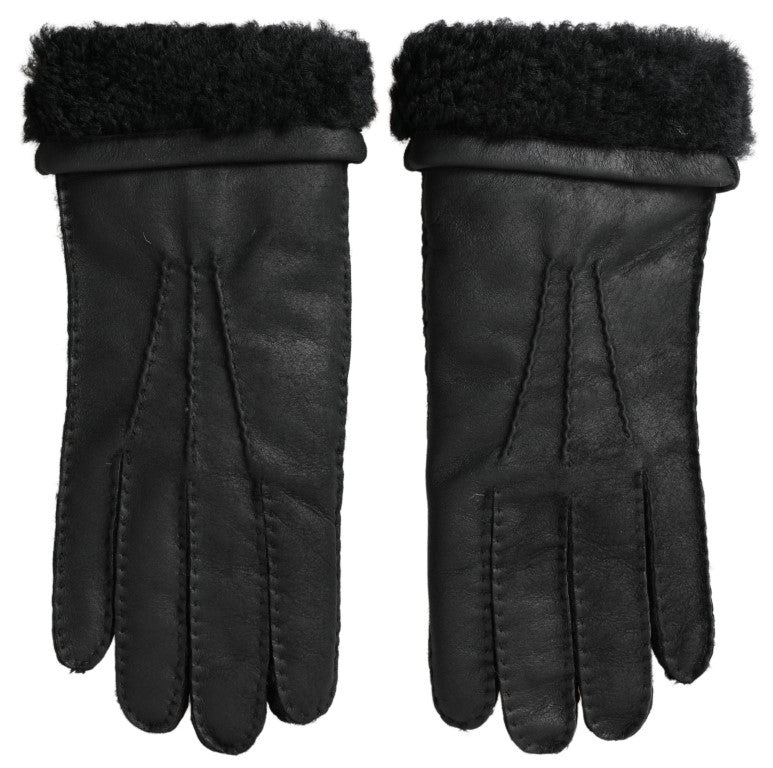 Dolce & Gabbana Schwarzes Leder Fell Kurze Hände Fäustlinge Männer Handschuhe-1