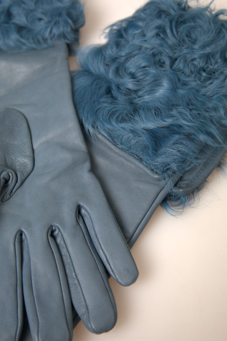 Dolce & Gabbana Blue Leather Fur Gloves, Medium Sleeve Length-2