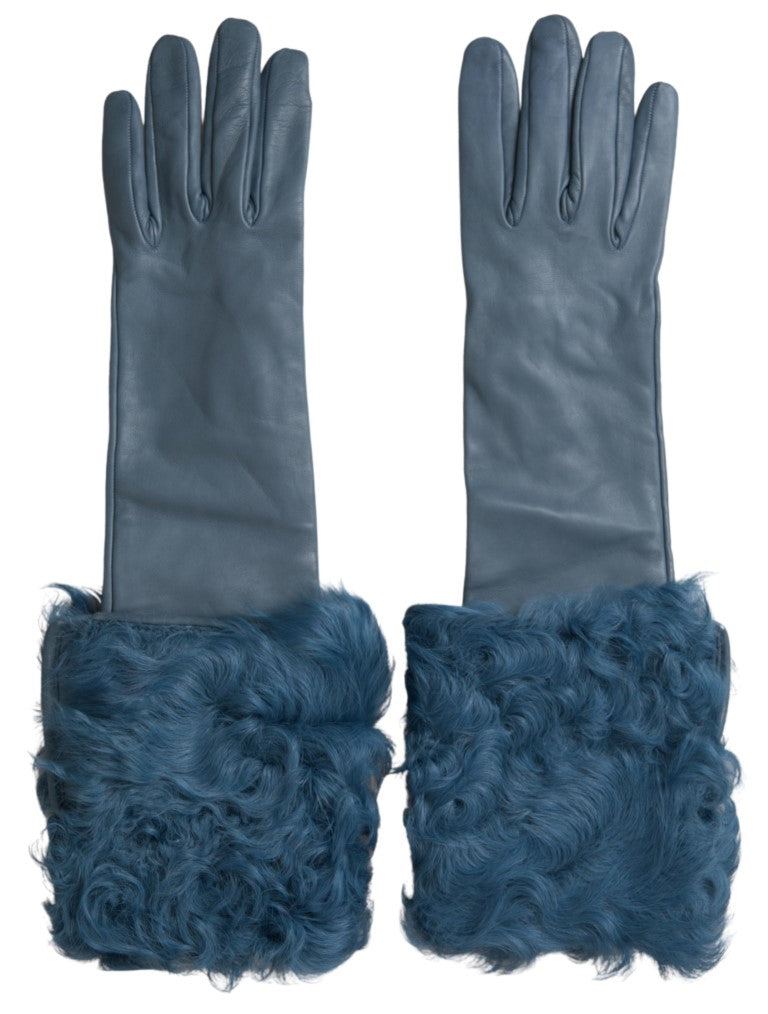 Dolce & Gabbana Blue Leather Fur Gloves, Medium Sleeve Length
