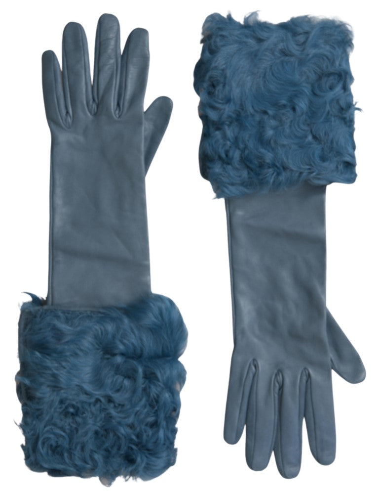 Dolce & Gabbana Blue Leather Fur Gloves, Medium Sleeve Length-3