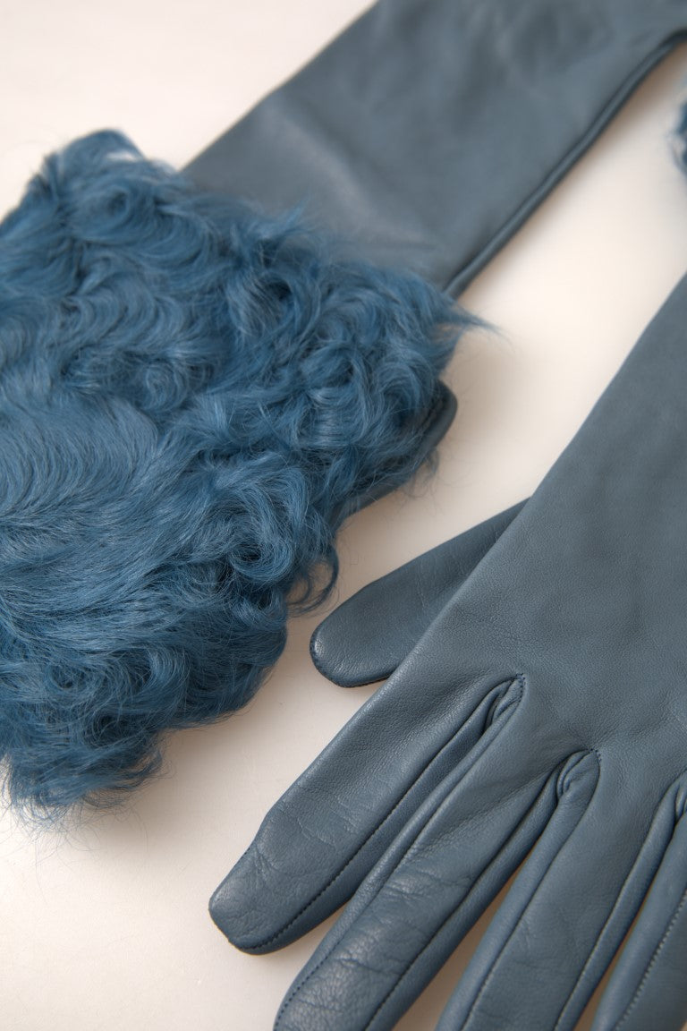 Dolce & Gabbana Blue Leather Fur Gloves, Medium Sleeve Length-4