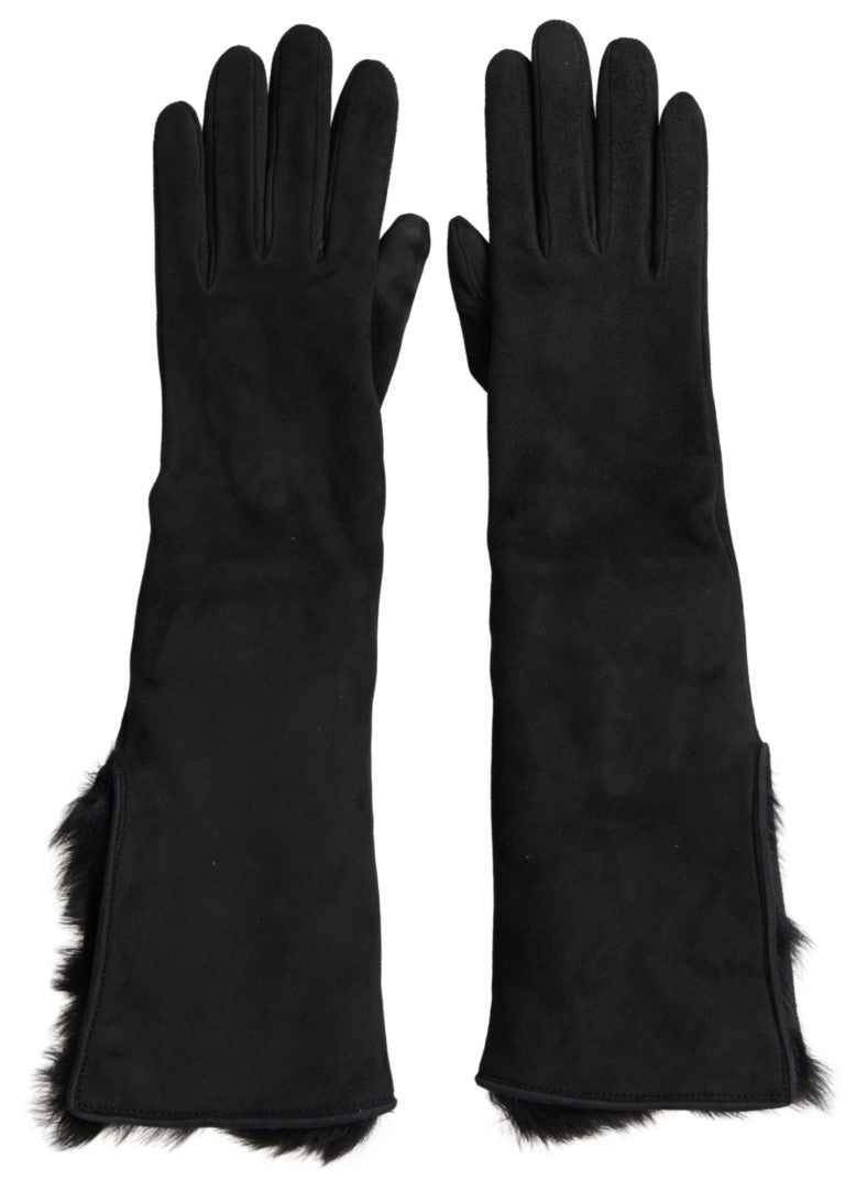 Dolce & Gabbana Black Leather Fur Elbow-Length Gloves-2
