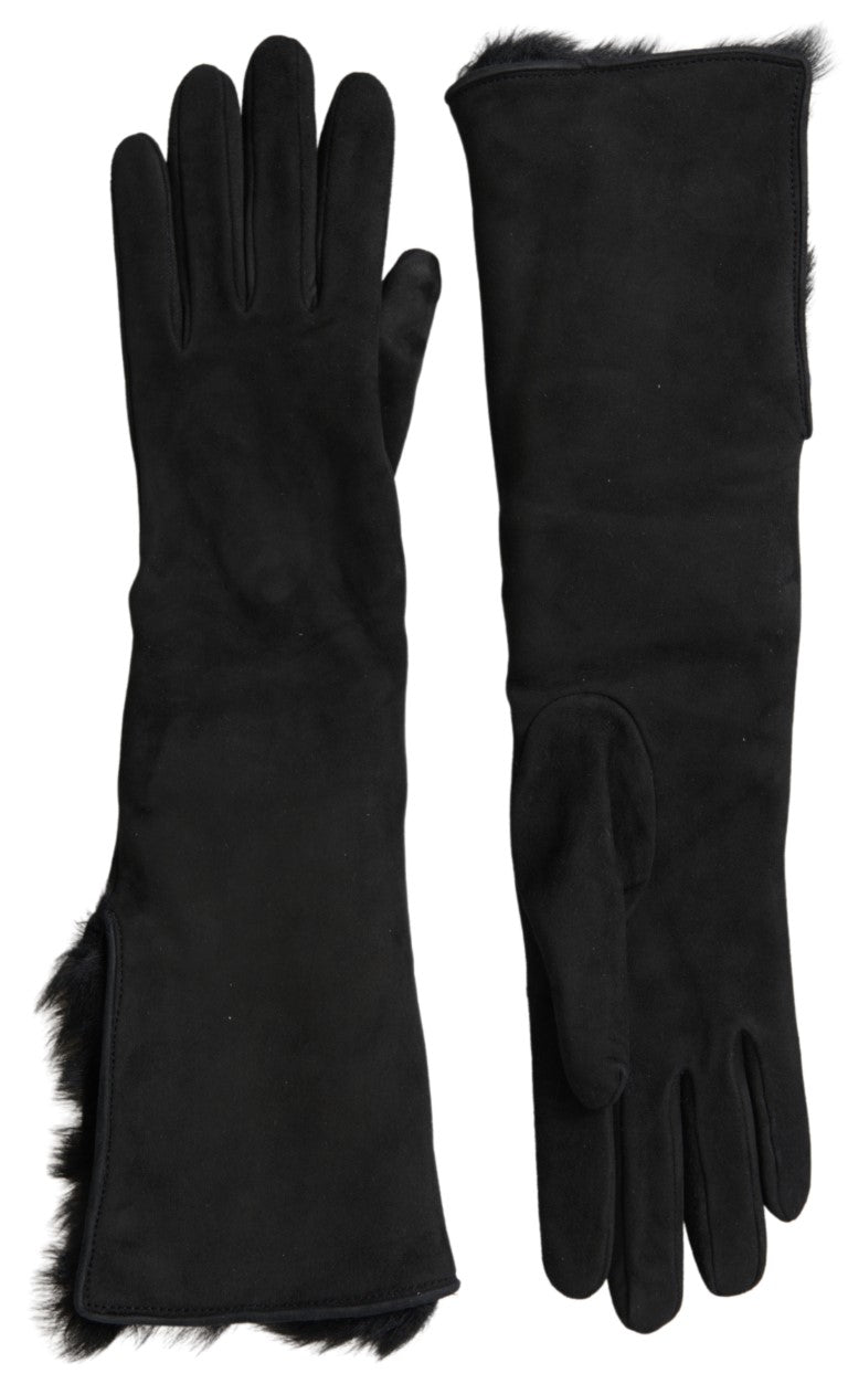 Dolce & Gabbana Black Leather Fur Elbow-Length Gloves