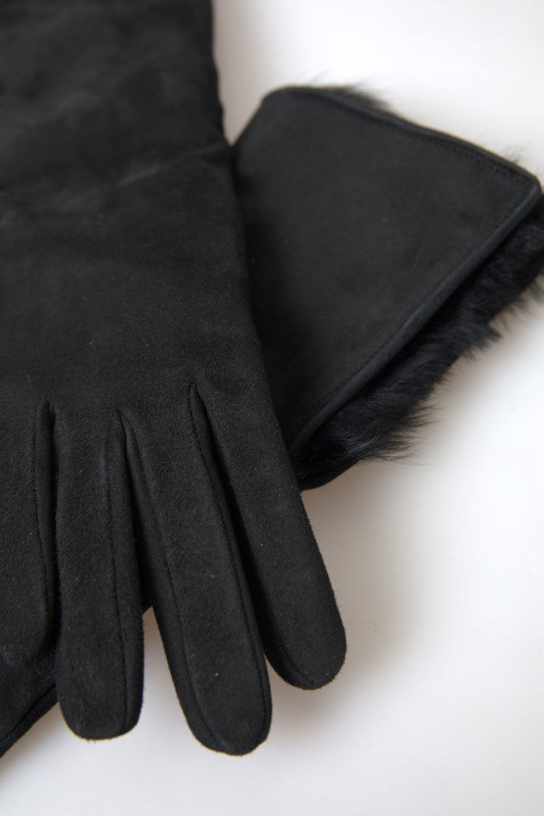 Dolce & Gabbana Black Leather Fur Elbow-Length Gloves-3