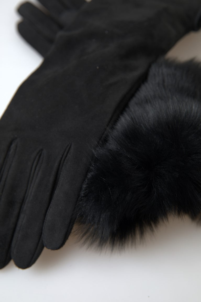 Dolce & Gabbana Black Leather Fur Elbow-Length Gloves-4