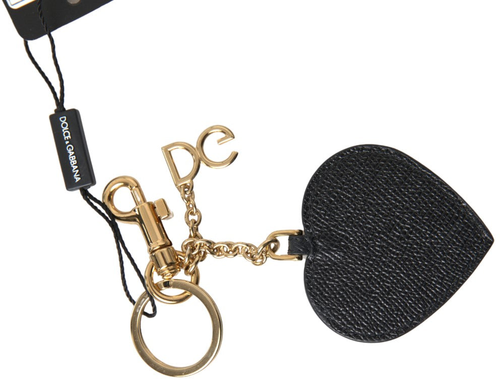 Dolce & Gabbana Black Fuchsia Heart Leather Gold Metal Keyring Keychain-2