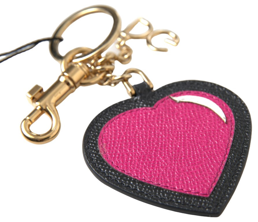 Dolce & Gabbana Black Fuchsia Heart Leather Gold Metal Keyring Keychain-1