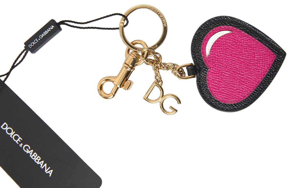 Dolce & Gabbana Black Fuchsia Heart Leather Gold Metal Keyring Keychain-3