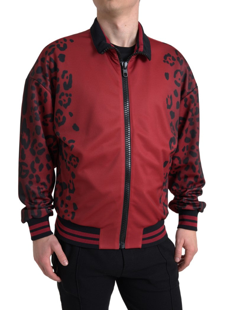 Dolce & Gabbana Red Leopard Polyester Bomber Jacket with Full Zip