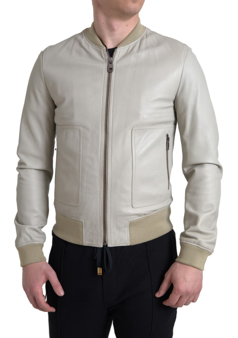 Dolce & Gabbana cream-colored leather bomber jacket with full-length zipper