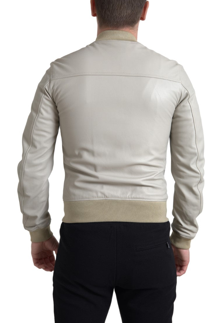 Dolce & Gabbana cream-colored leather bomber jacket with full-length zipper-2