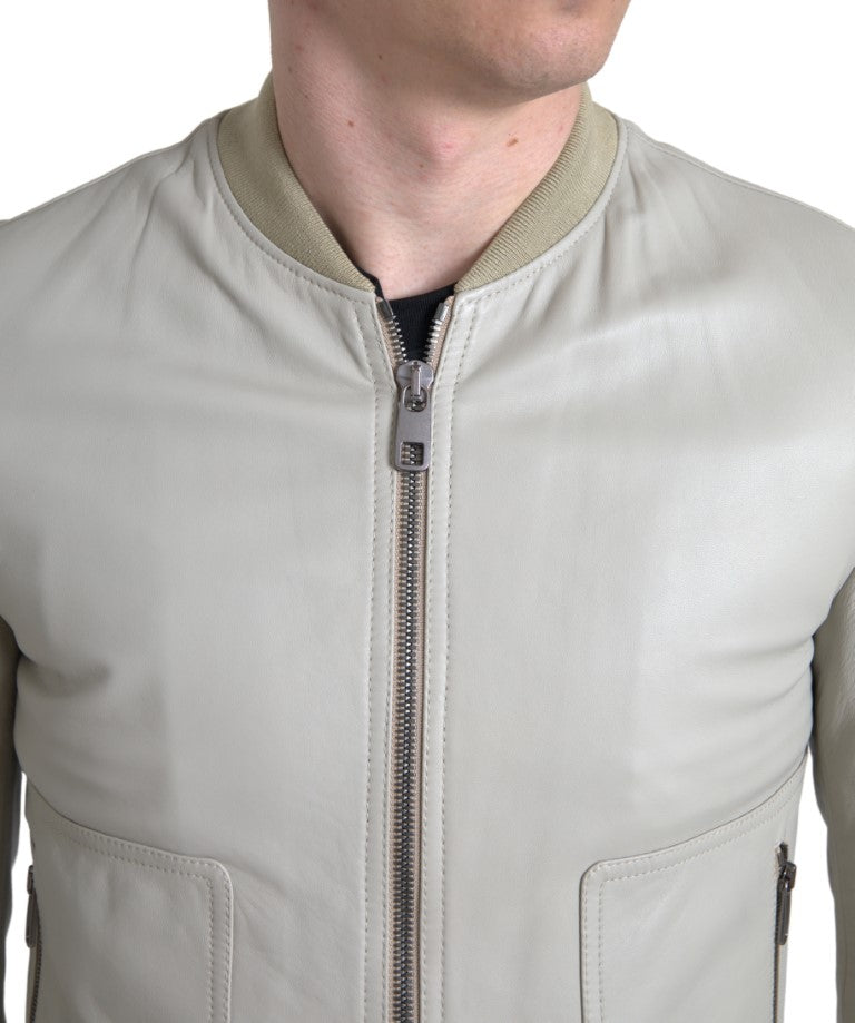 Dolce & Gabbana cream-colored leather bomber jacket with full-length zipper-3