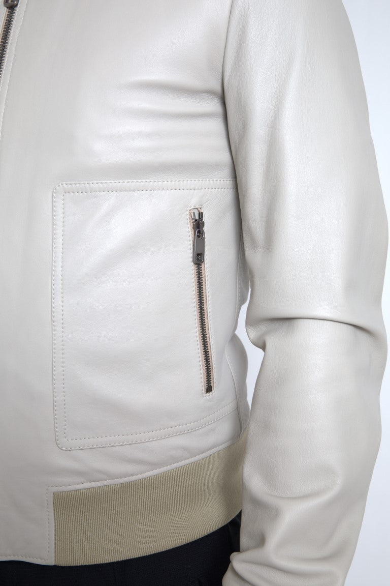 Dolce & Gabbana cream-colored leather bomber jacket with full-length zipper-4
