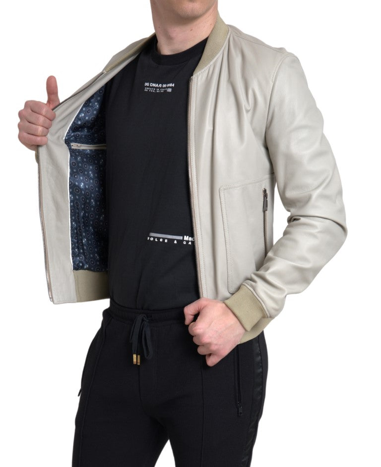 Dolce & Gabbana cream-colored leather bomber jacket with full-length zipper-5