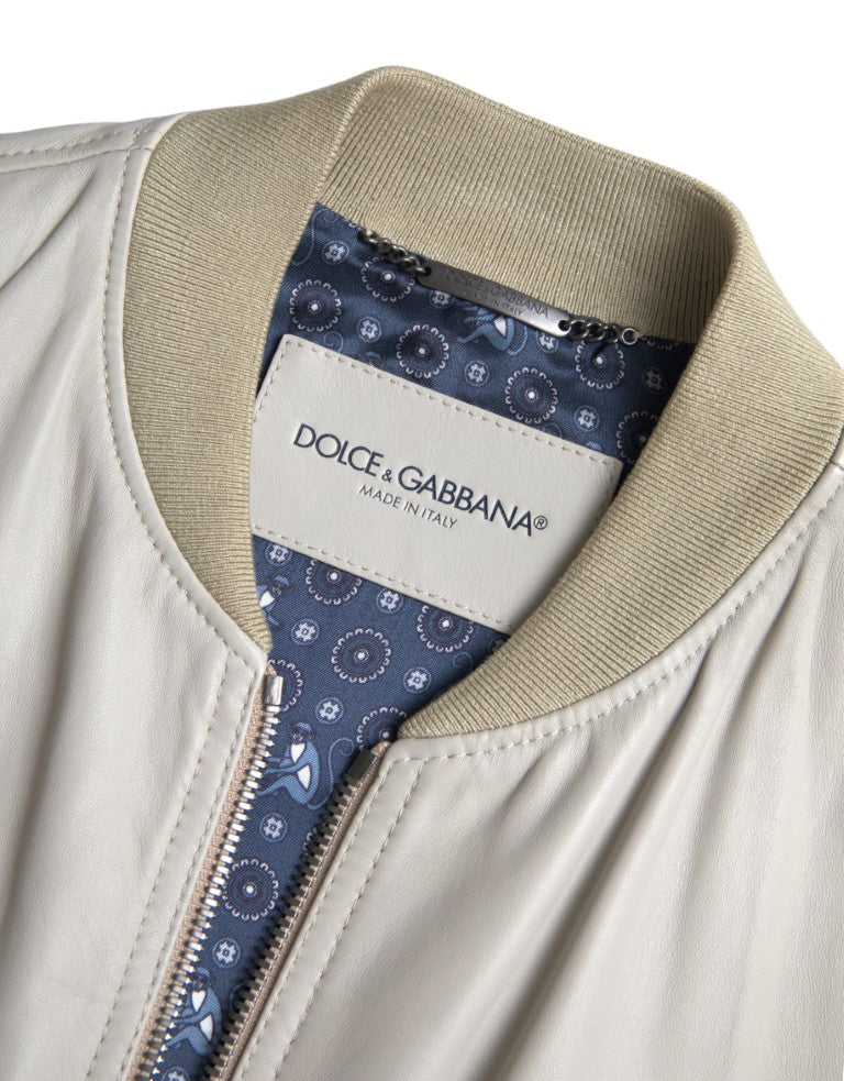 Dolce & Gabbana cream-colored leather bomber jacket with full-length zipper-6