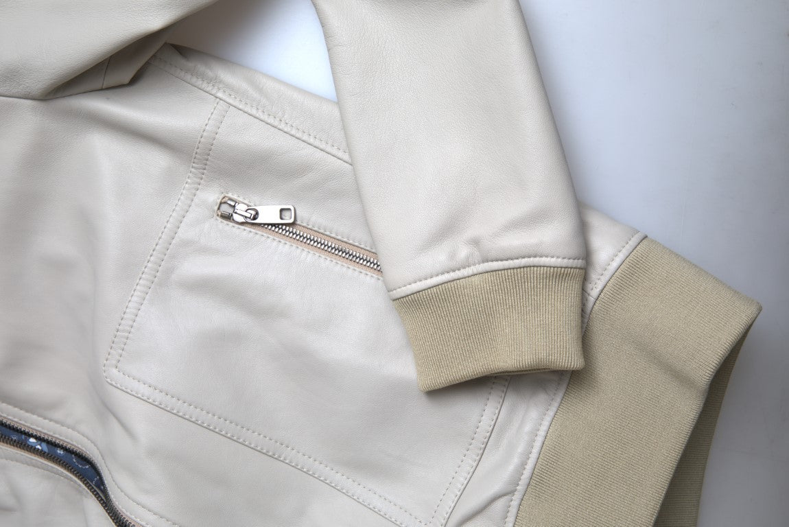 Dolce & Gabbana cream-colored leather bomber jacket with full-length zipper-7