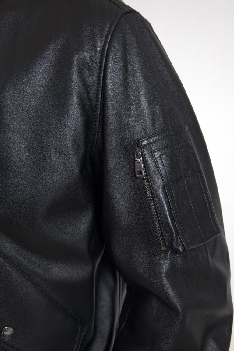 Dolce & Gabbana Black Leather Blouson Bomber Jacket with Full Zip-2