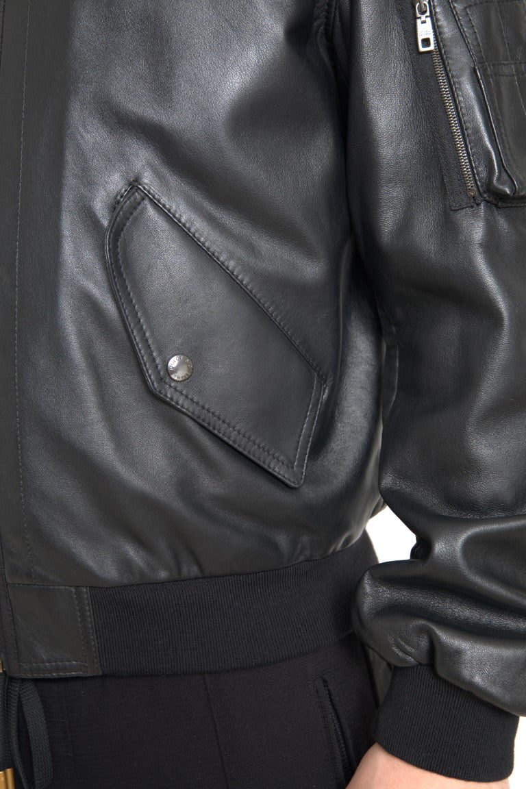 Dolce & Gabbana Black Leather Blouson Bomber Jacket with Full Zip-3