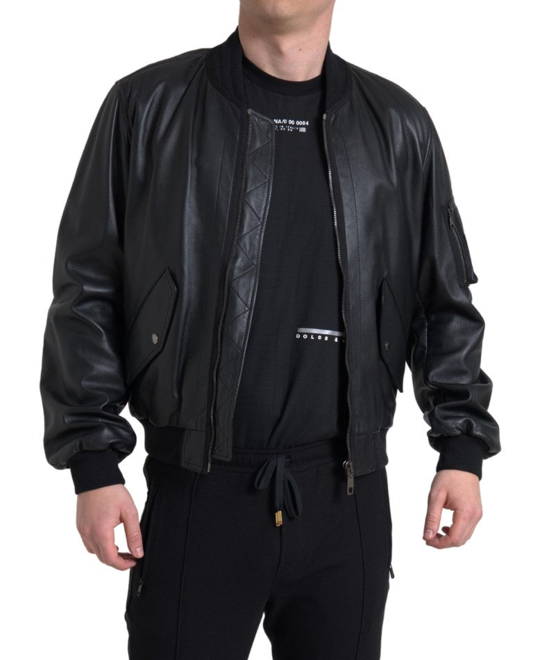 Dolce & Gabbana Black Leather Blouson Bomber Jacket with Full Zip-4