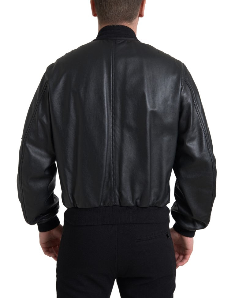 Dolce & Gabbana Black Leather Blouson Bomber Jacket with Full Zip-7