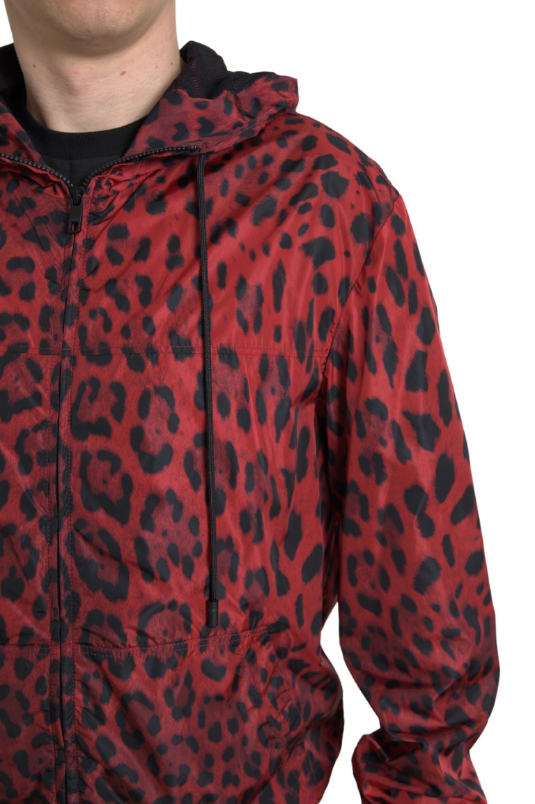 Dolce & Gabbana red leopard print bomber jacket with hood and zipper-4