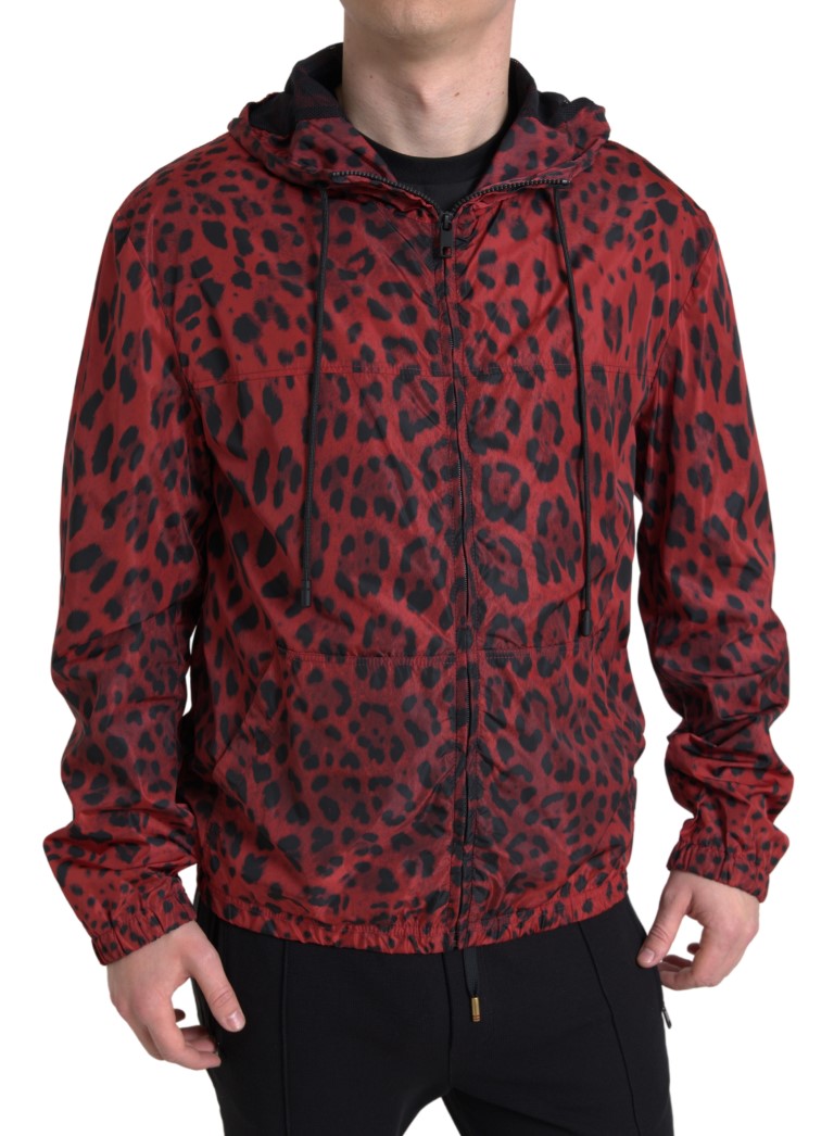Dolce & Gabbana red leopard print bomber jacket with hood and zipper