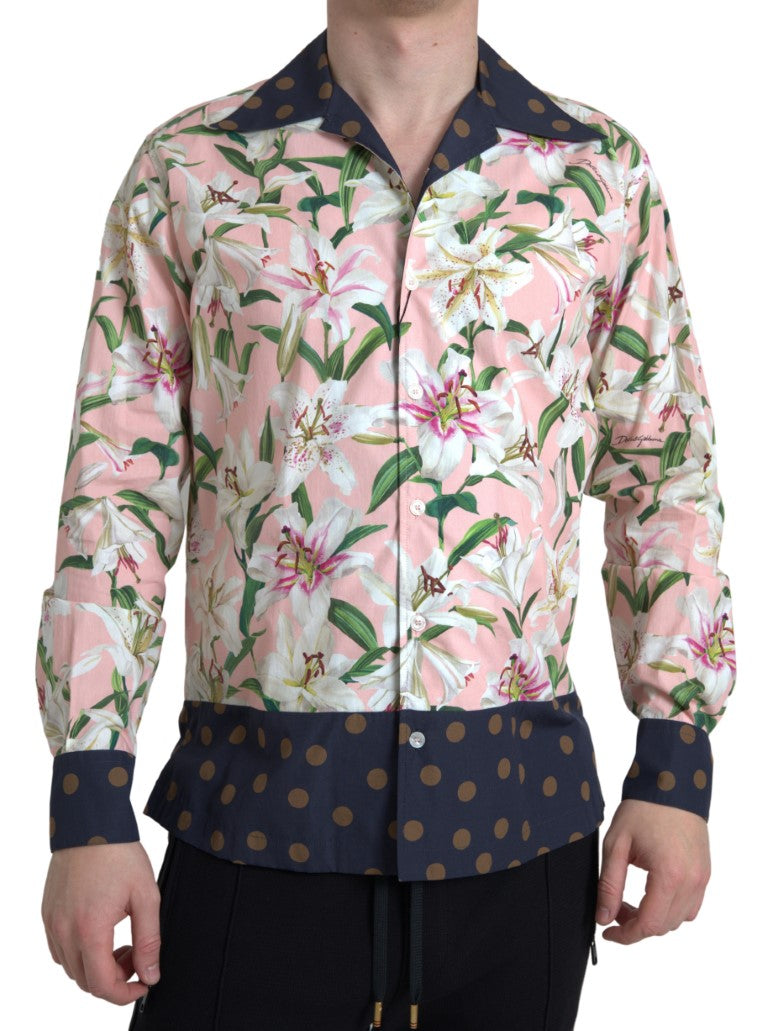 Dolce & Gabbana Cotton Polka Dot Lily Print Shirt with Collar-5