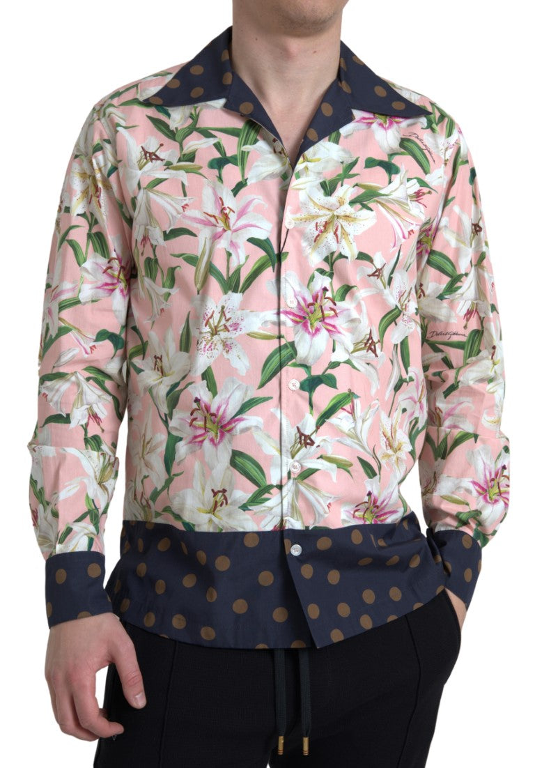 Dolce & Gabbana Cotton Polka Dot Lily Print Shirt with Collar-1