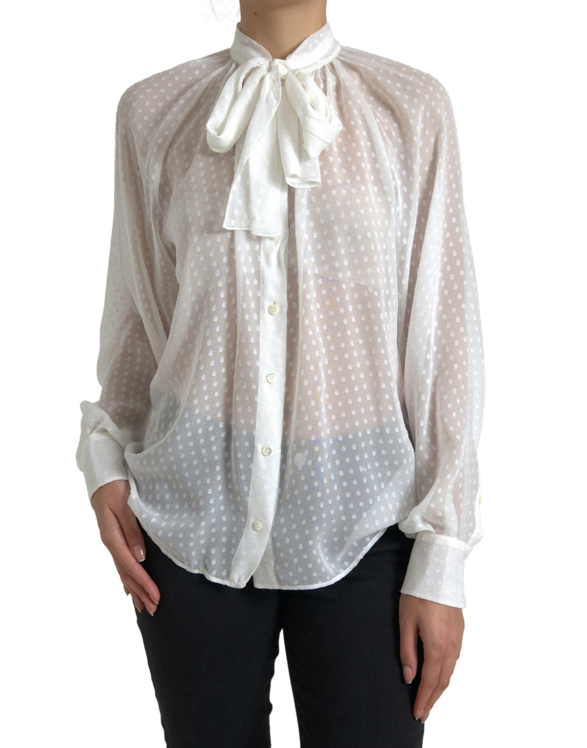 Dolce & Gabbana white silk blouse with laced neckline and polka dots