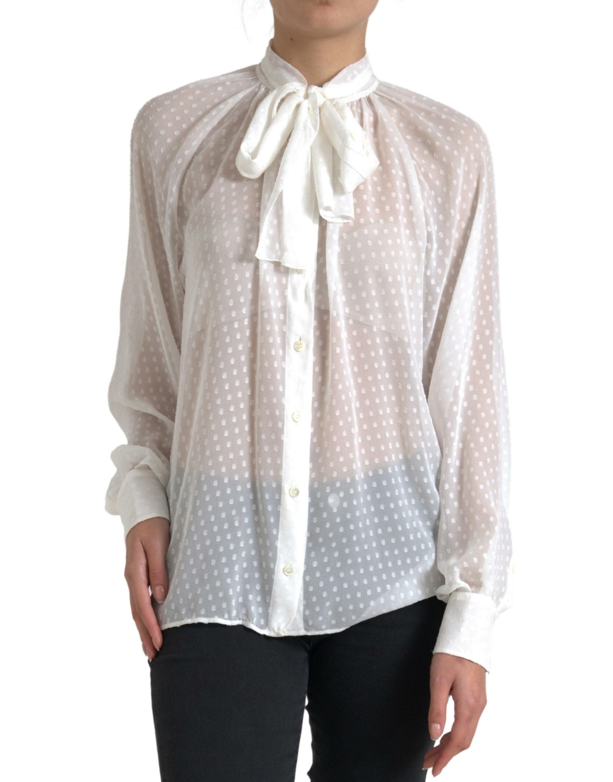 Dolce & Gabbana white silk blouse with laced neckline and polka dots-3