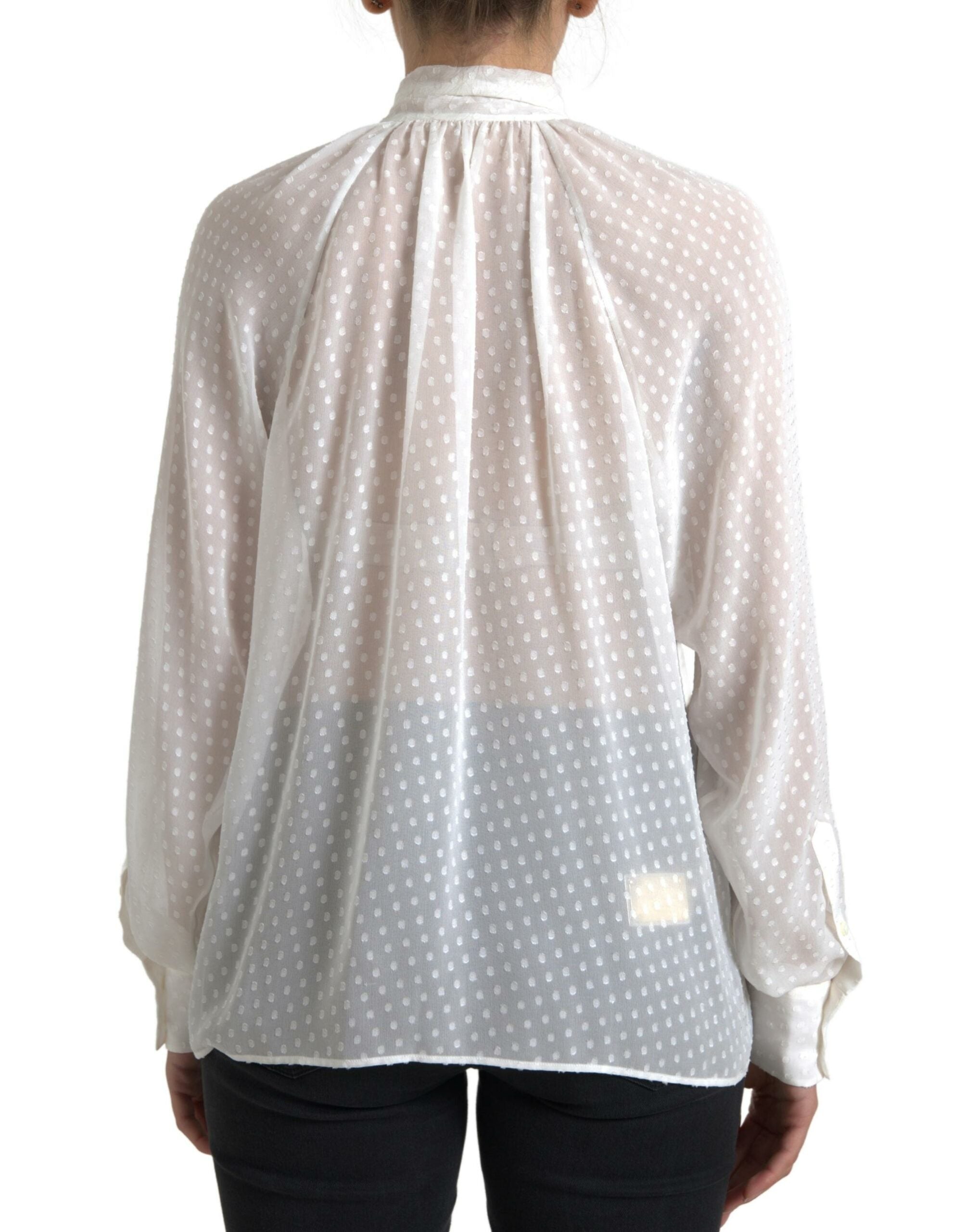 Dolce & Gabbana white silk blouse with laced neckline and polka dots-4