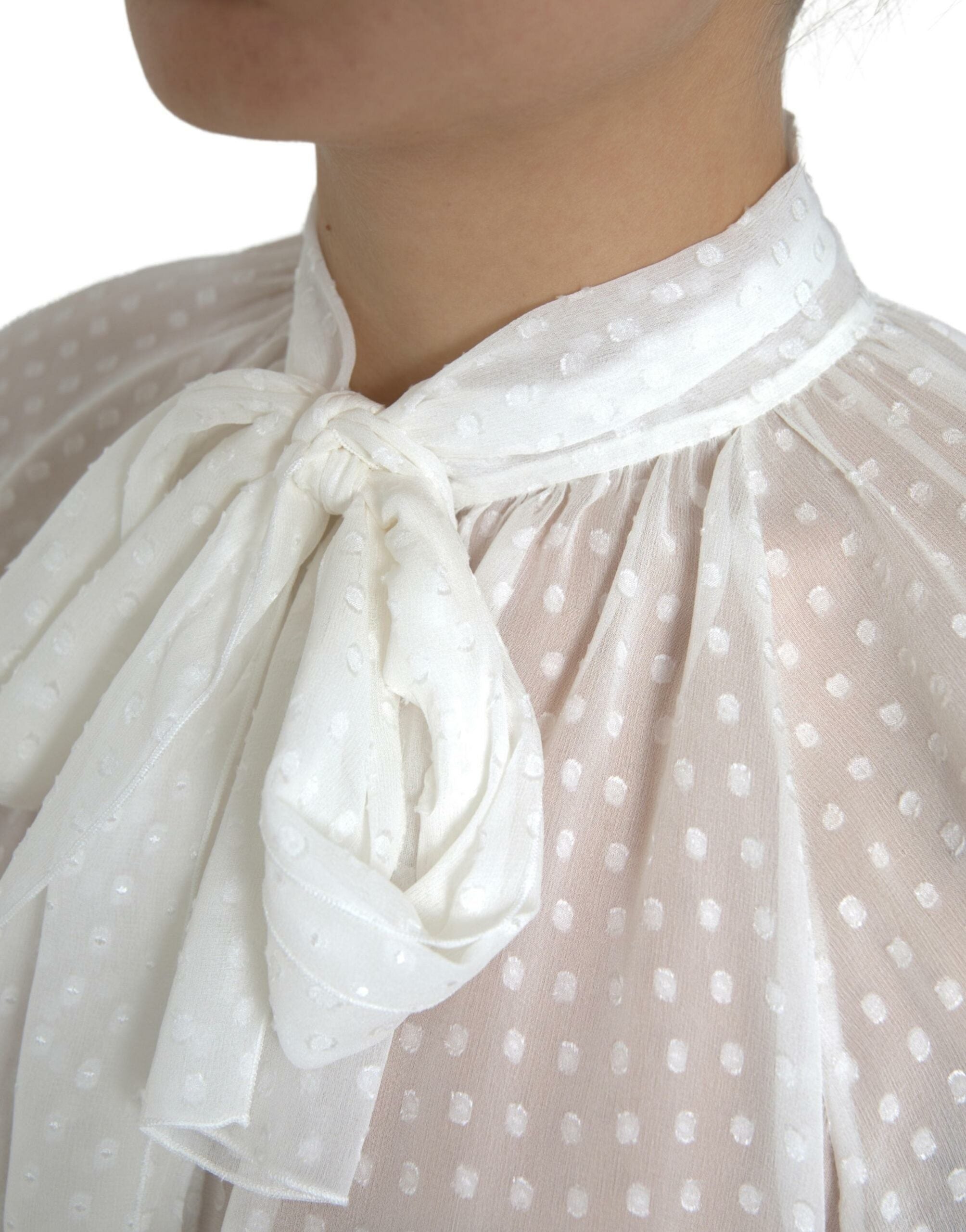 Dolce & Gabbana white silk blouse with laced neckline and polka dots-2