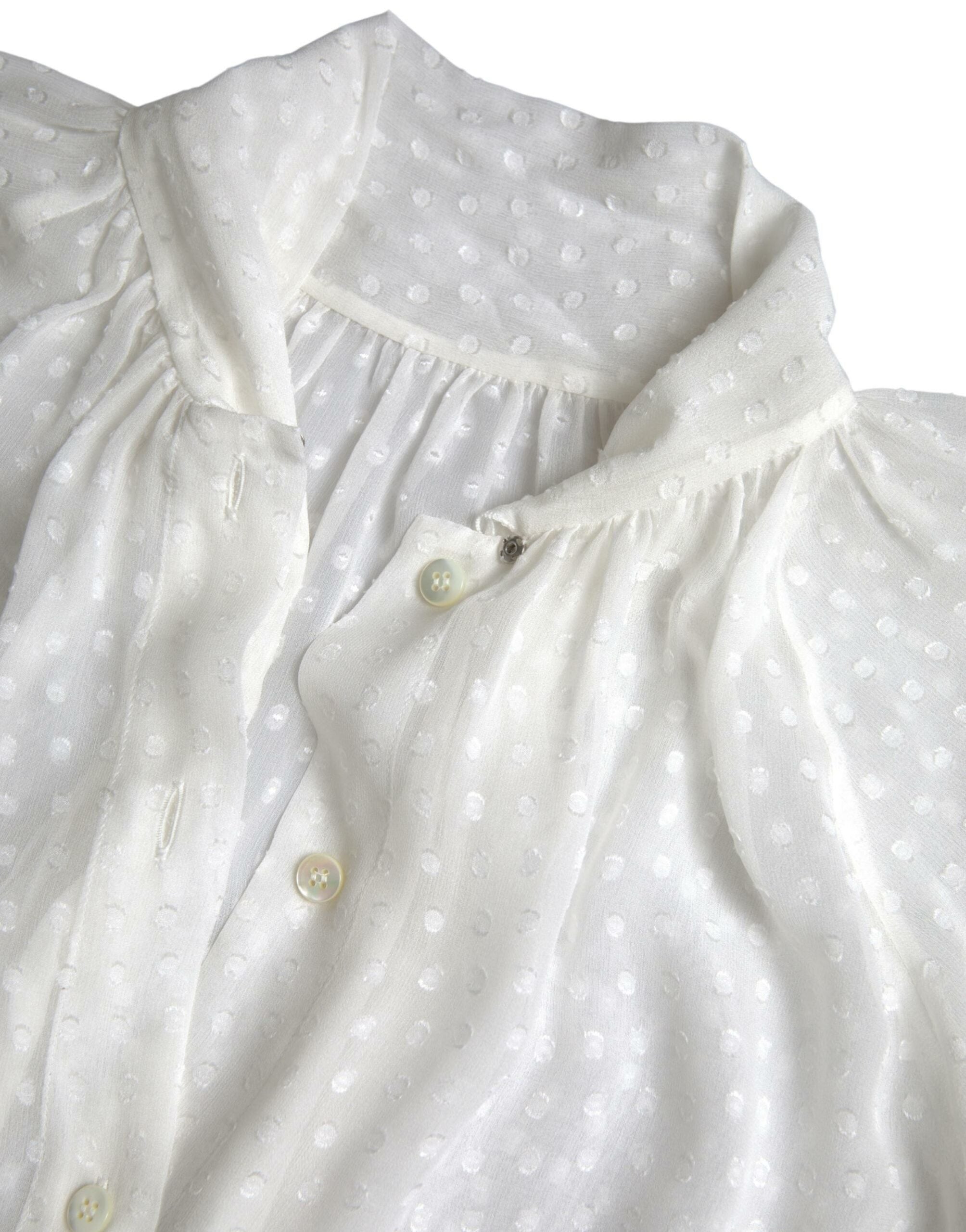 Dolce & Gabbana white silk blouse with laced neckline and polka dots-5