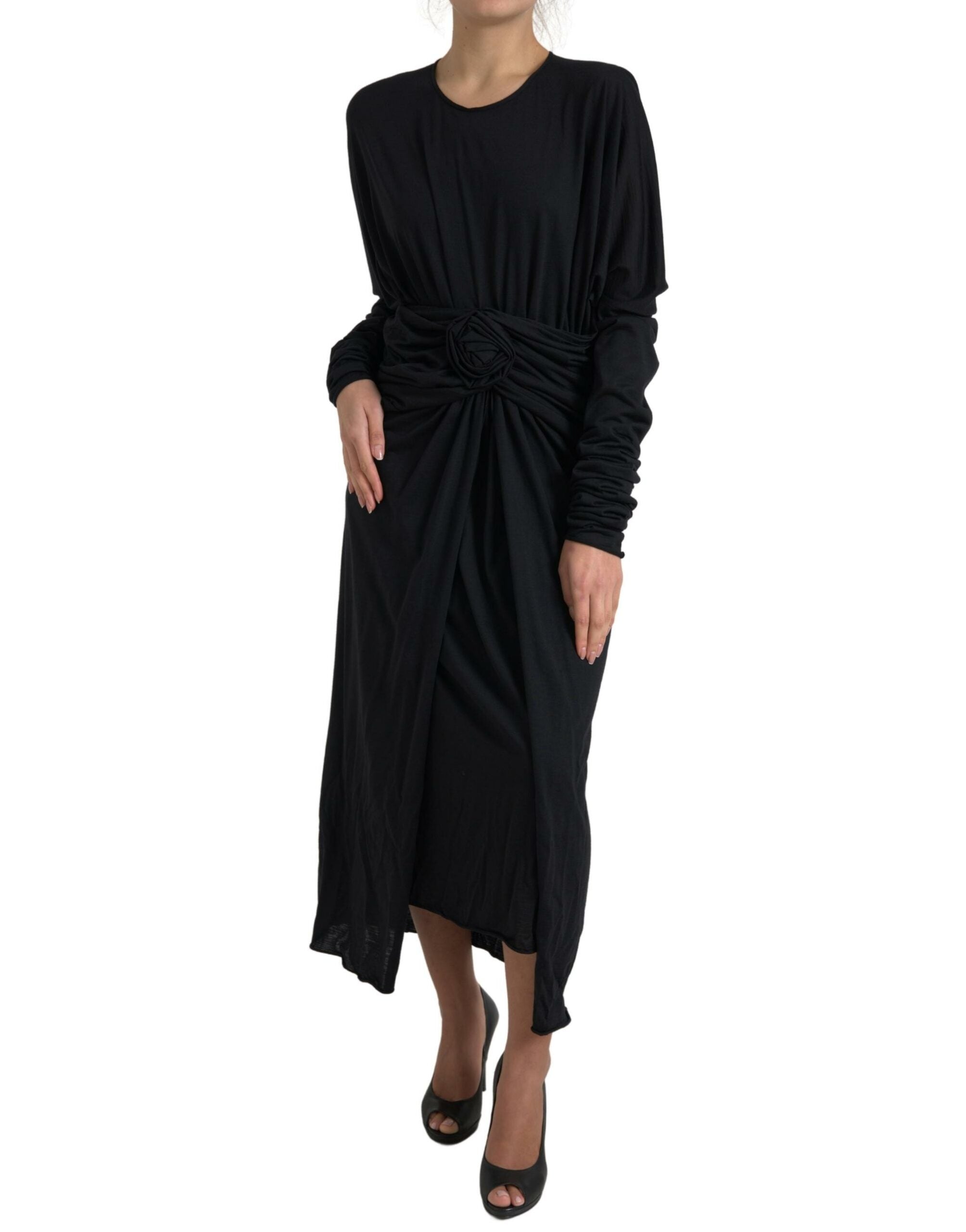 Dolce & Gabbana Black Wool Wrap Dress Midi Dress-1