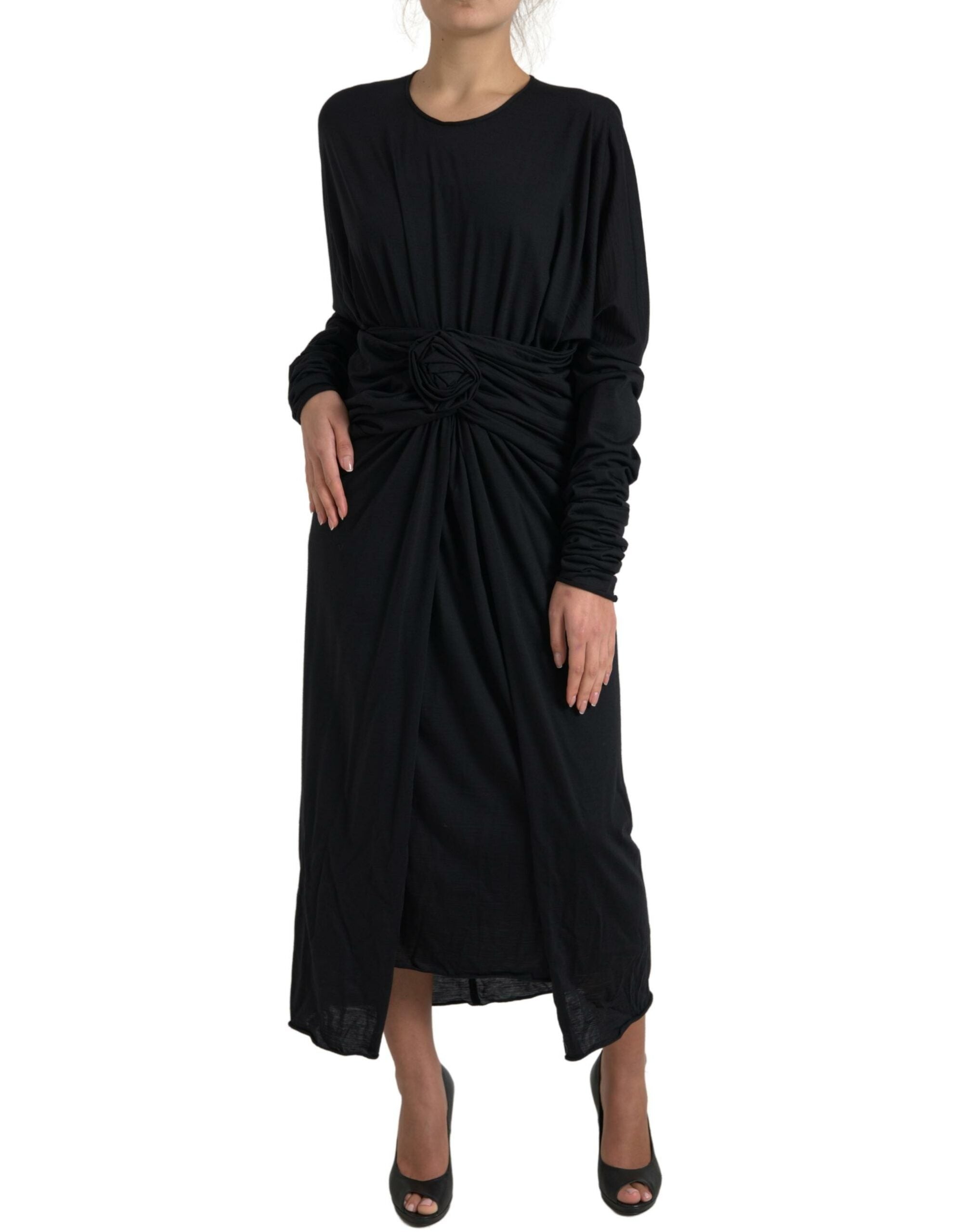 Dolce & Gabbana Black Wool Wrap Dress Midi Dress-2