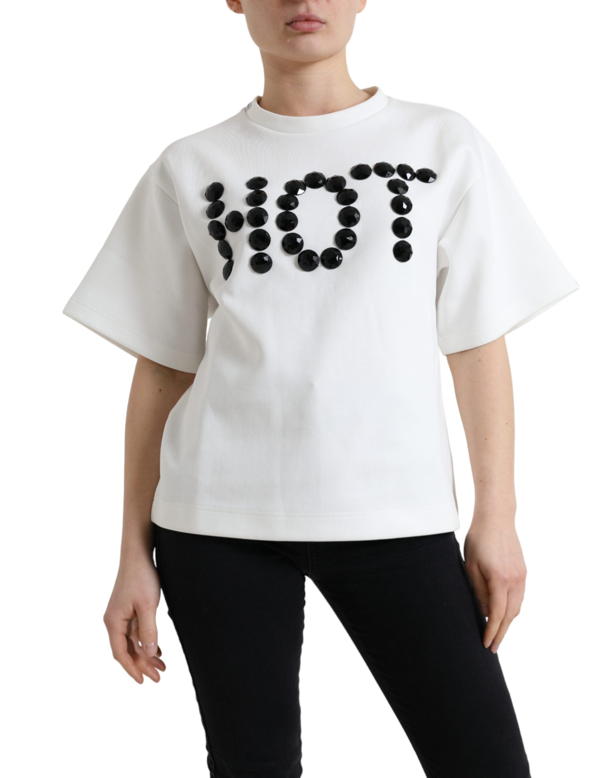 Dolce & Gabbana T-shirt White Cotton Stretch Black HOT Crystal-2
