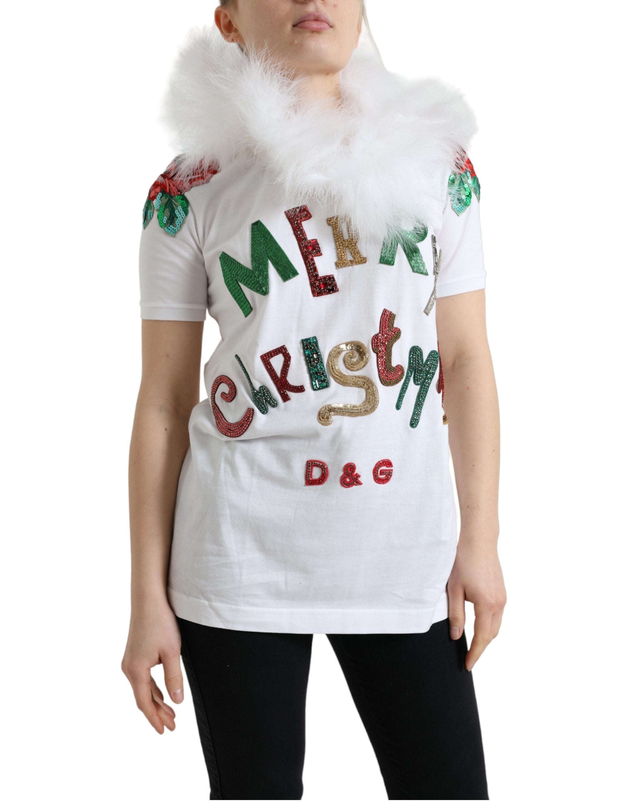 Dolce & Gabbana White Cotton Christmas T-Shirt with Sequin Fur-2