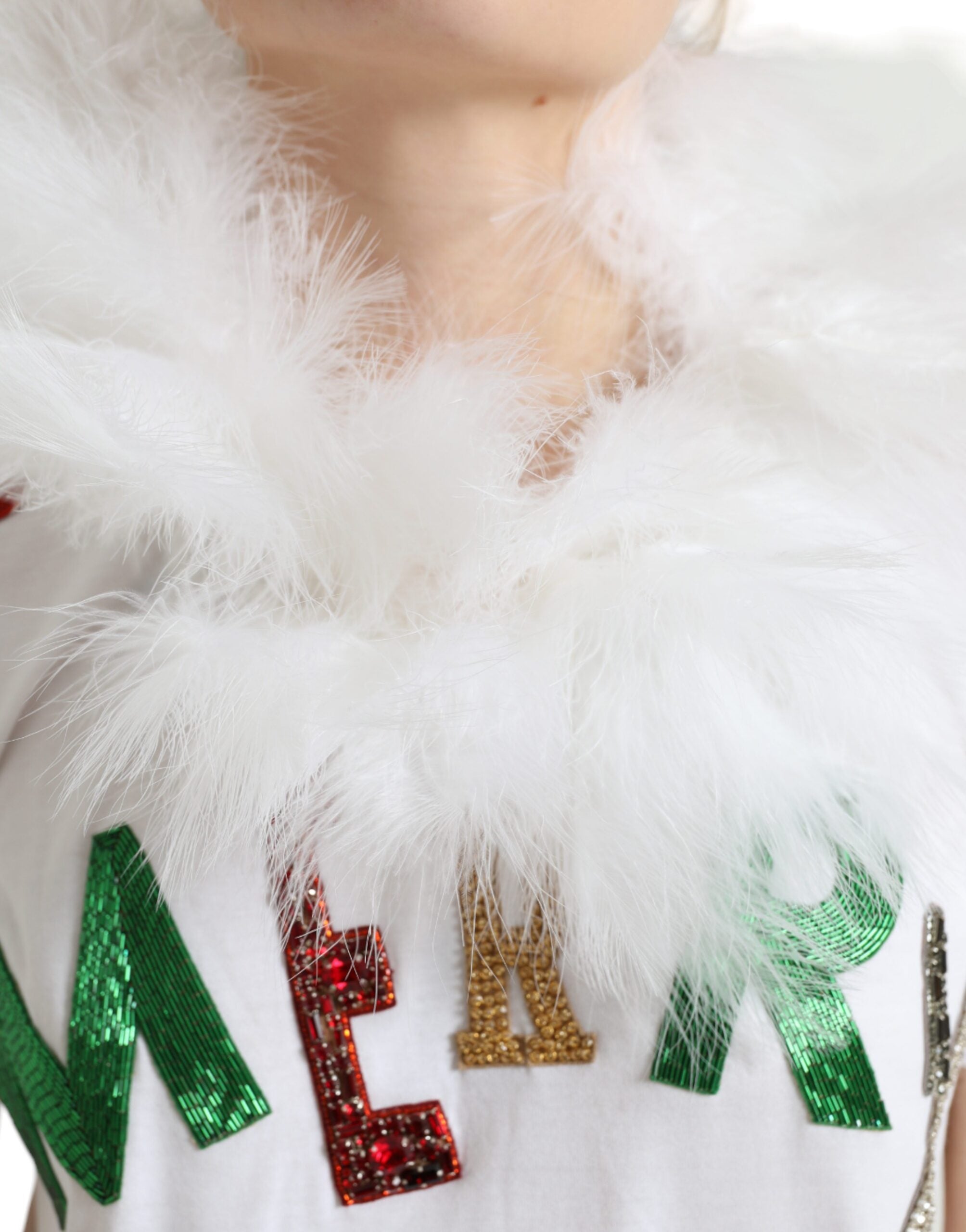 Dolce & Gabbana White Cotton Christmas T-Shirt with Sequin Fur-4