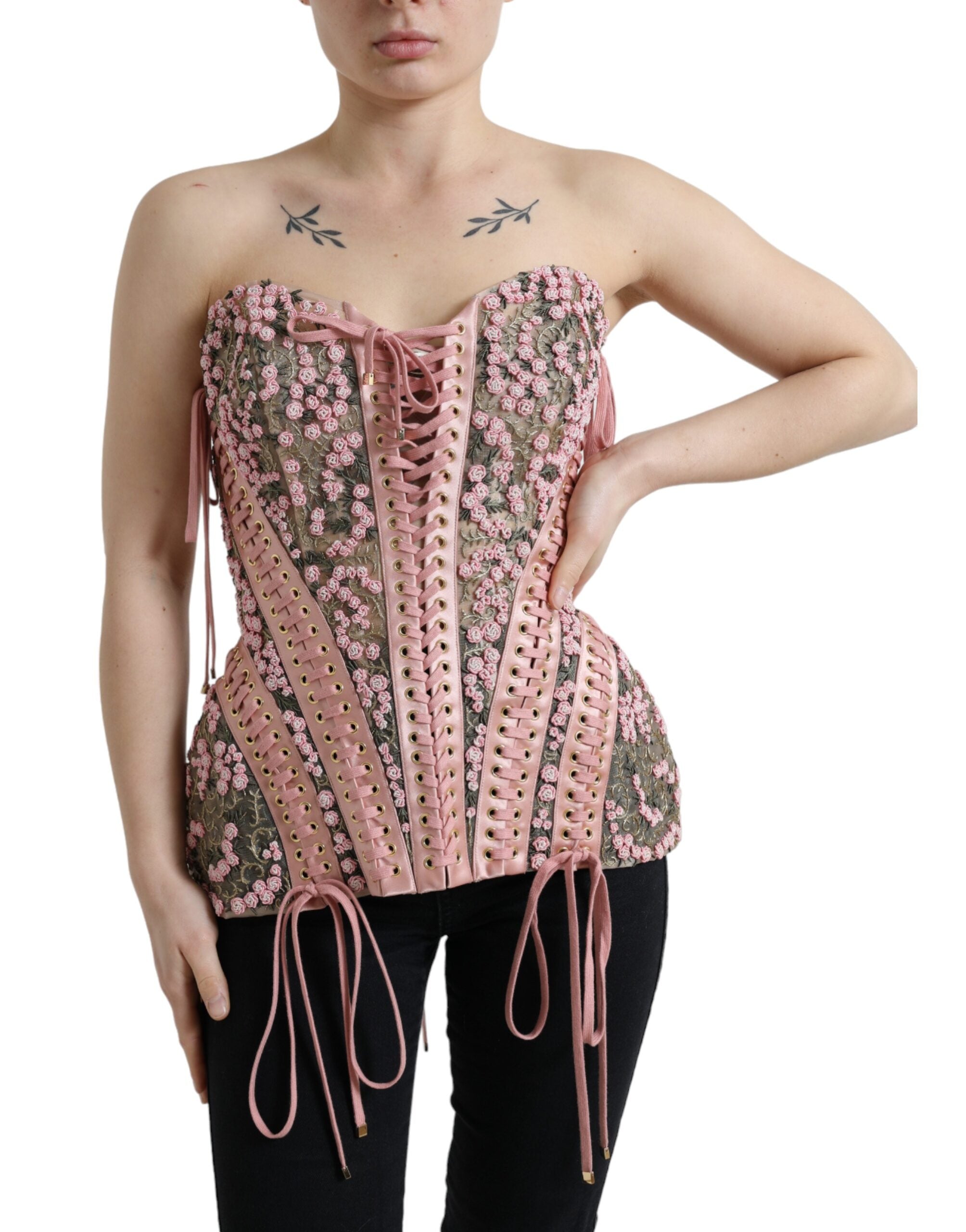 Top corsé con apliques florales rosas de Dolce & Gabbana-1