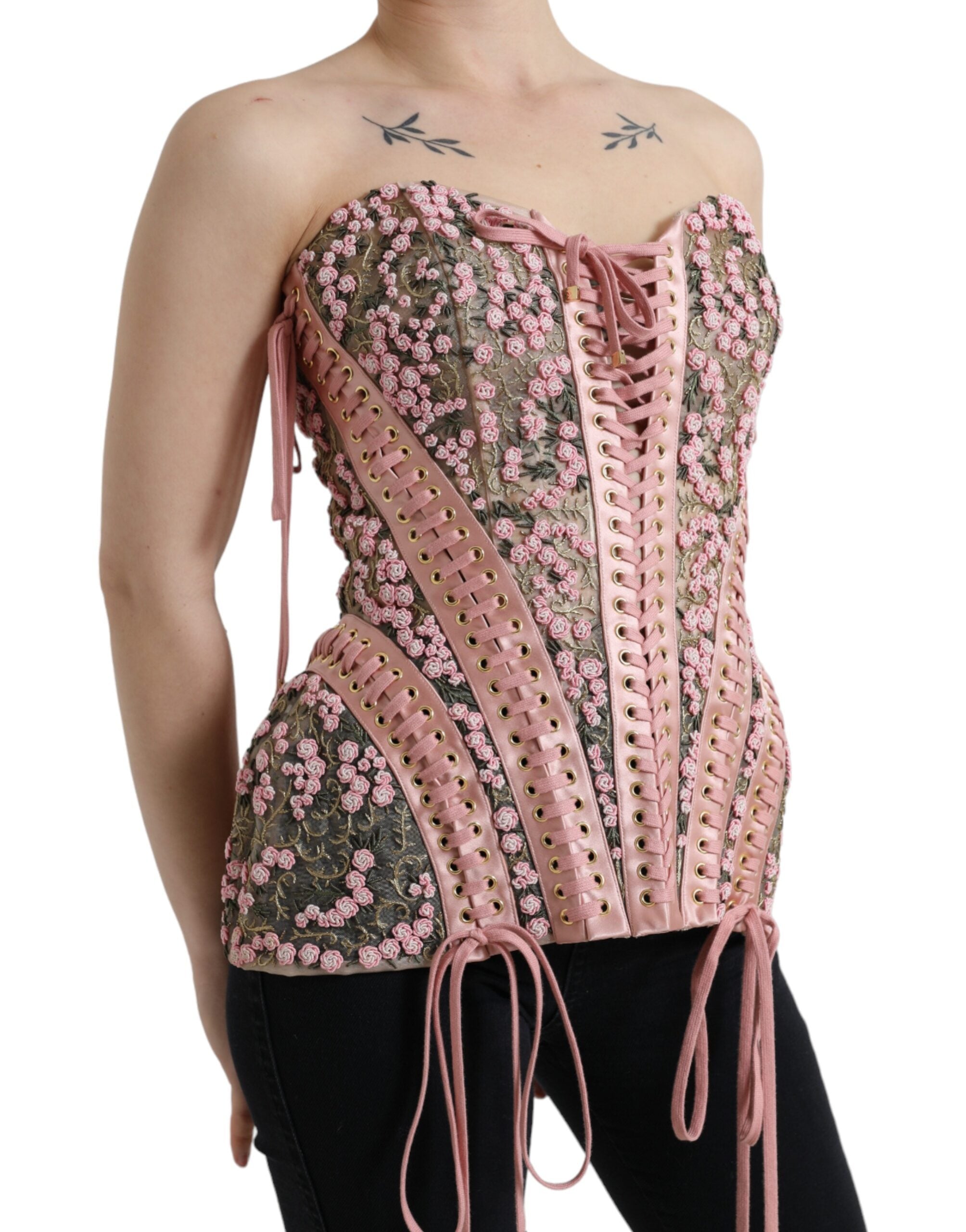 Top corsé con apliques florales rosas de Dolce & Gabbana-2