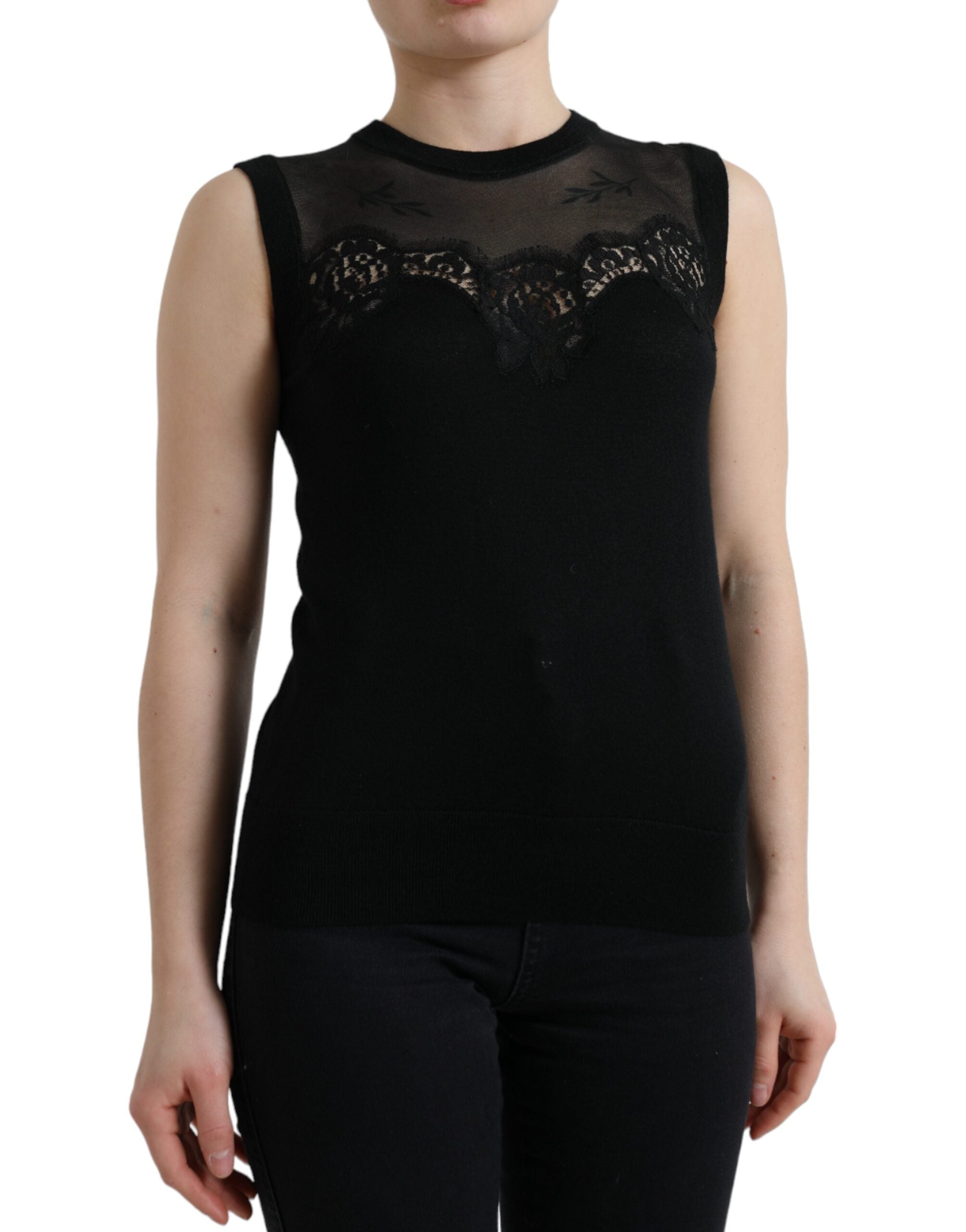 Dolce & Gabbana Top sin mangas de cachemir negro con ribete de encaje-2