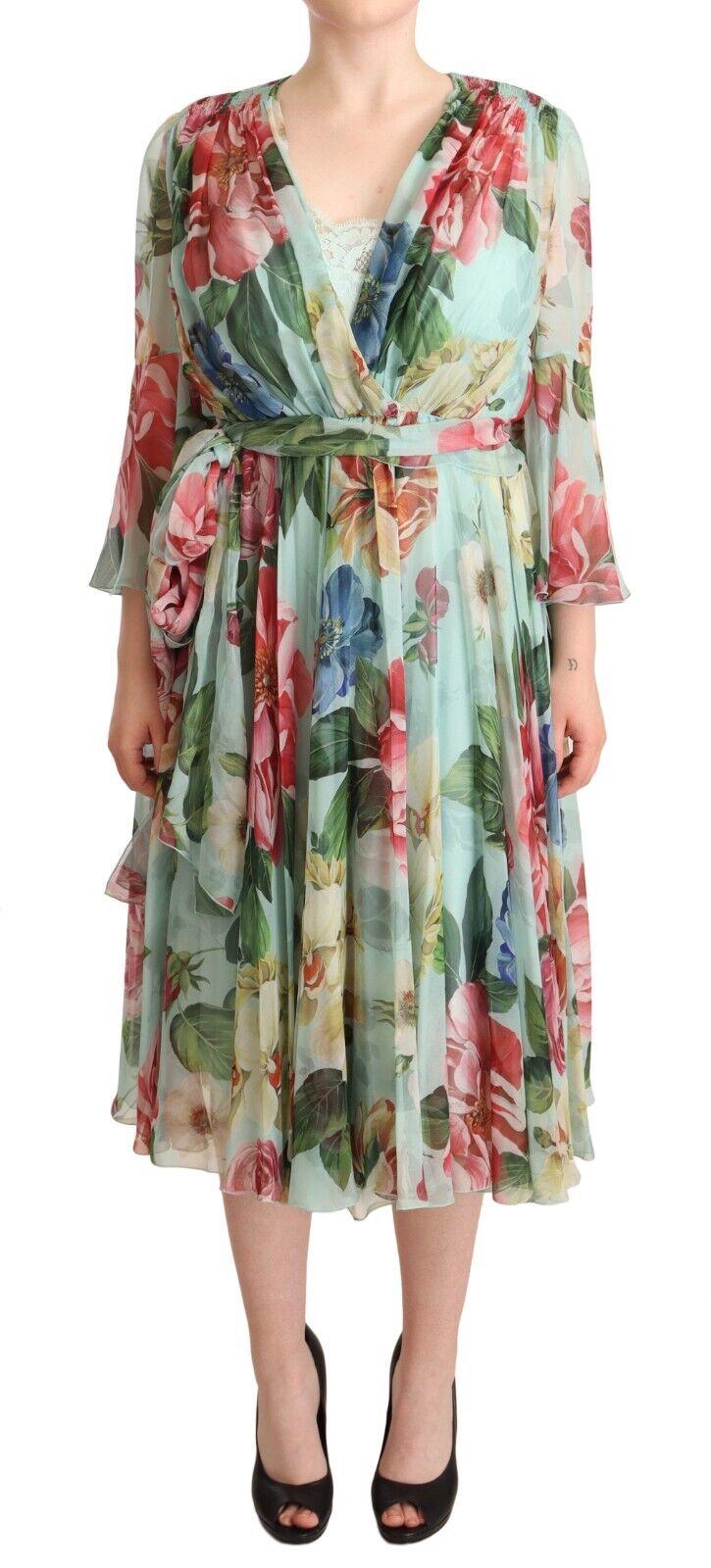 Dolce & Gabbana Multicolor Grün Floral Seiden Wickel Midikleid-1