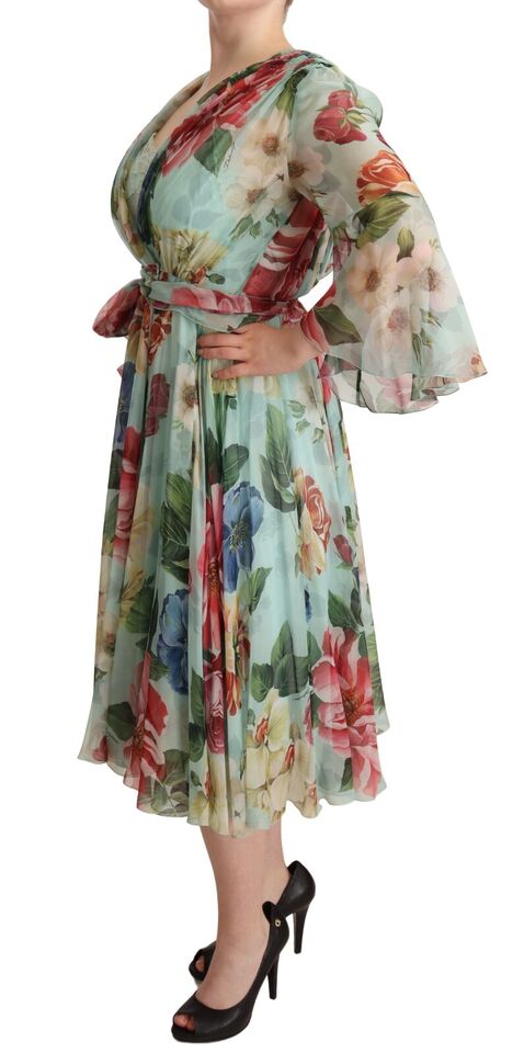 Dolce & Gabbana Multicolor Grün Floral Seiden Wickel Midikleid-5