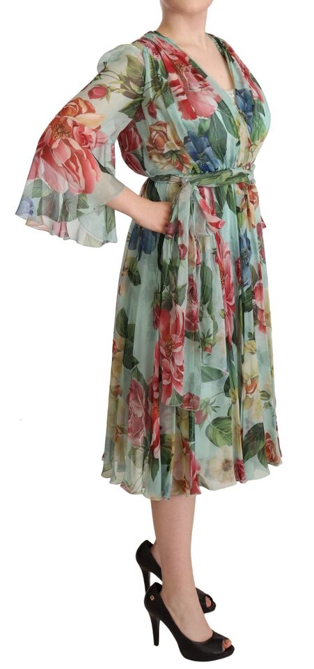 Dolce & Gabbana Multicolor Grün Floral Seiden Wickel Midikleid-3