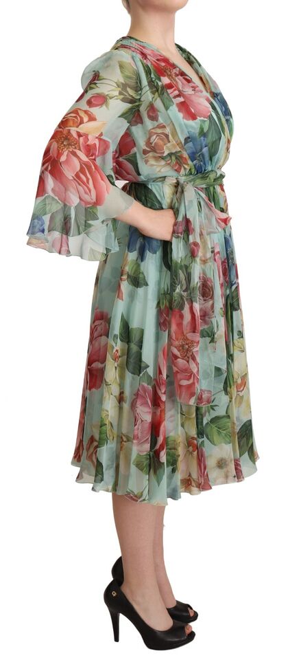 Dolce & Gabbana Multicolor Grün Floral Seiden Wickel Midikleid-6