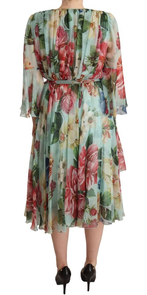 Dolce & Gabbana Multicolor Grün Floral Seiden Wickel Midikleid-4