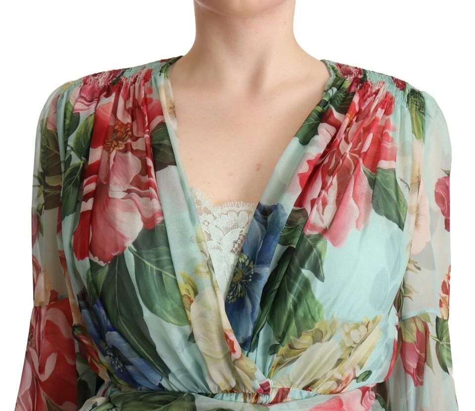 Dolce & Gabbana Multicolor Grün Floral Seiden Wickel Midikleid-2