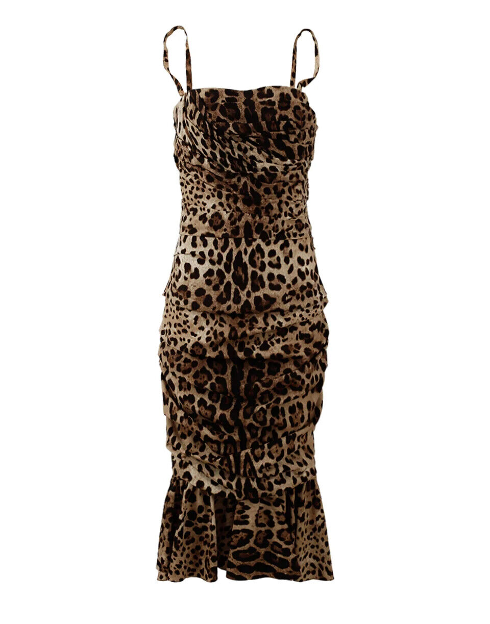 Vestido midi marrón con estampado de leopardo y volantes de Dolce & Gabbana-1