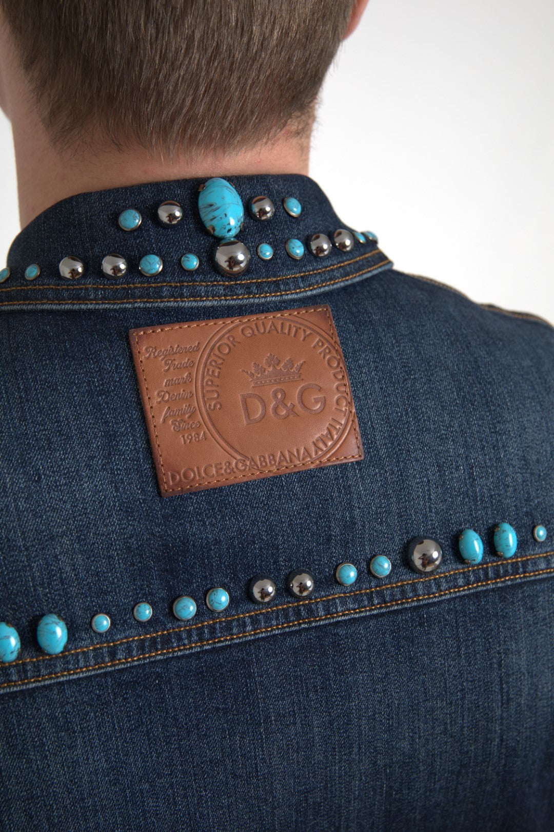 Dolce & Gabbana blue denim jacket with turquoise stones and studs-5